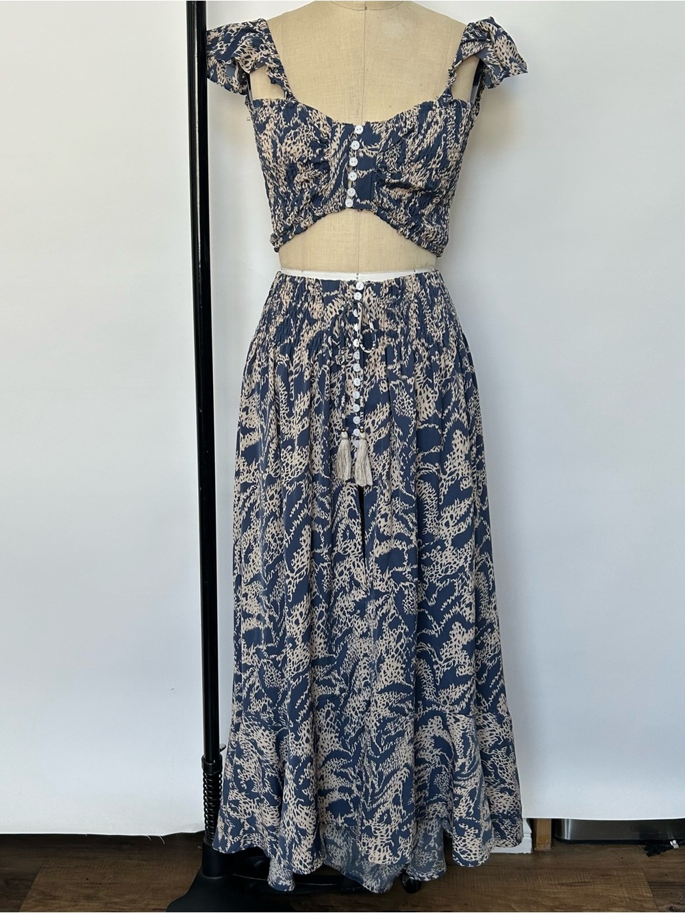 Malibu bum Navy and Cream Printed Maxi Skirt set